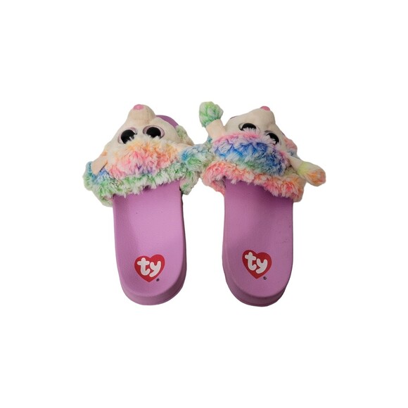TY Poodle Slide Sandals Girls 4/5 Pink Multicolor Fuzzy Slippers - Picture 4 of 7